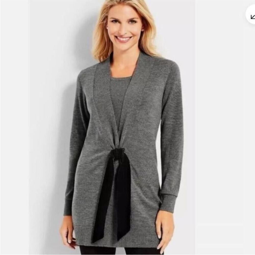 Talbots Merino Wool Cardigan Long Sweater Velvet Tie XL Black Gray